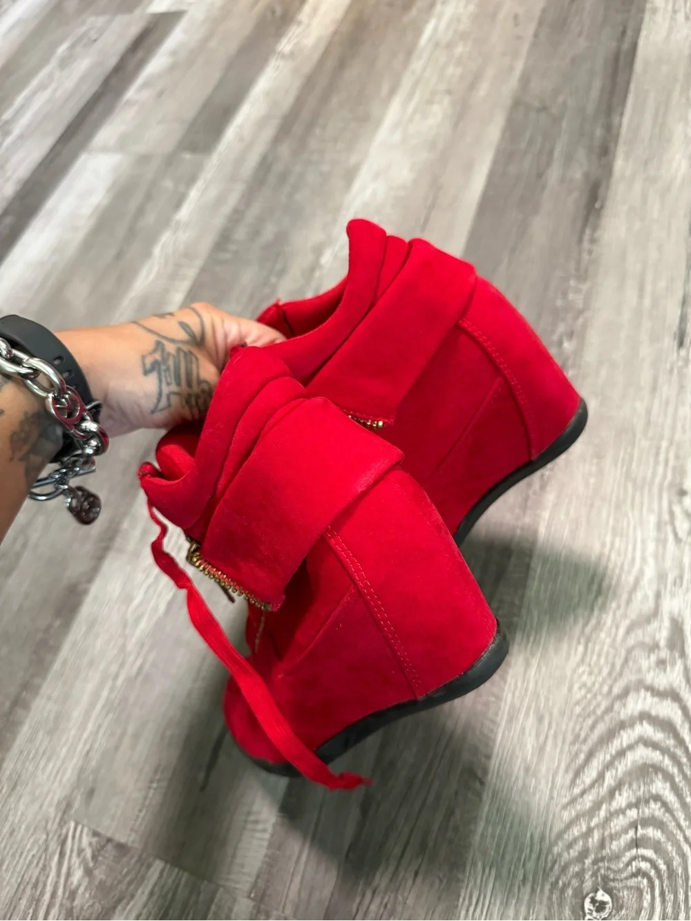 Red Wedge Sneaker Boots with Gold Zipper - Picture 8 of 10